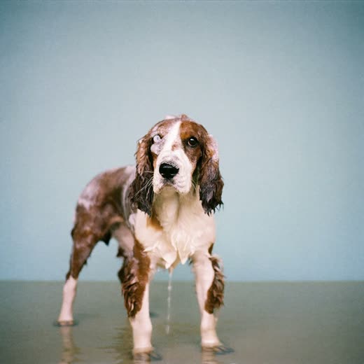 A spaniel being bathed and shampooed at the grooming bath