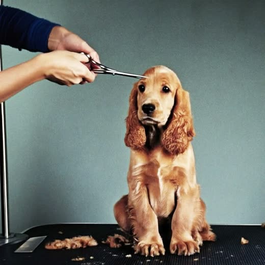 A puppy having its face tidied with scissors